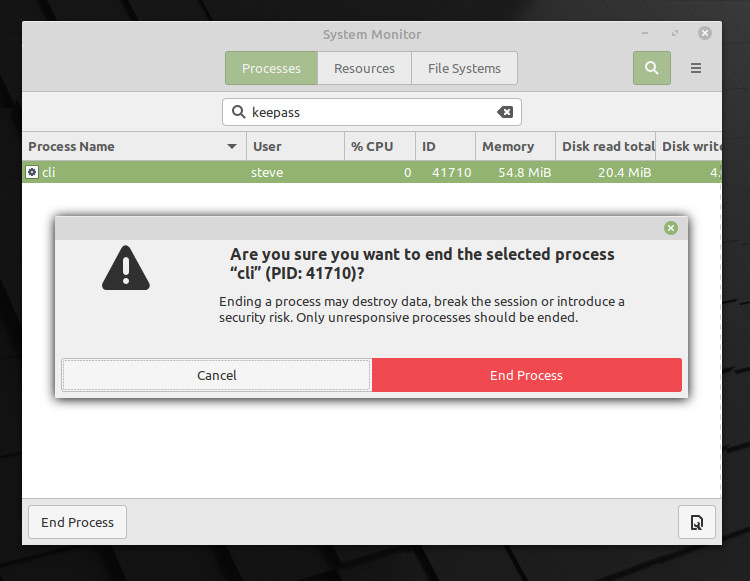 When you try to stop KeePass in the System Montior, Linux will issue a warning