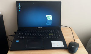 Logitch B100 (USB-Powered) Optical Mouse and ASUS E510MA Laptop Computer Running Linux Mint